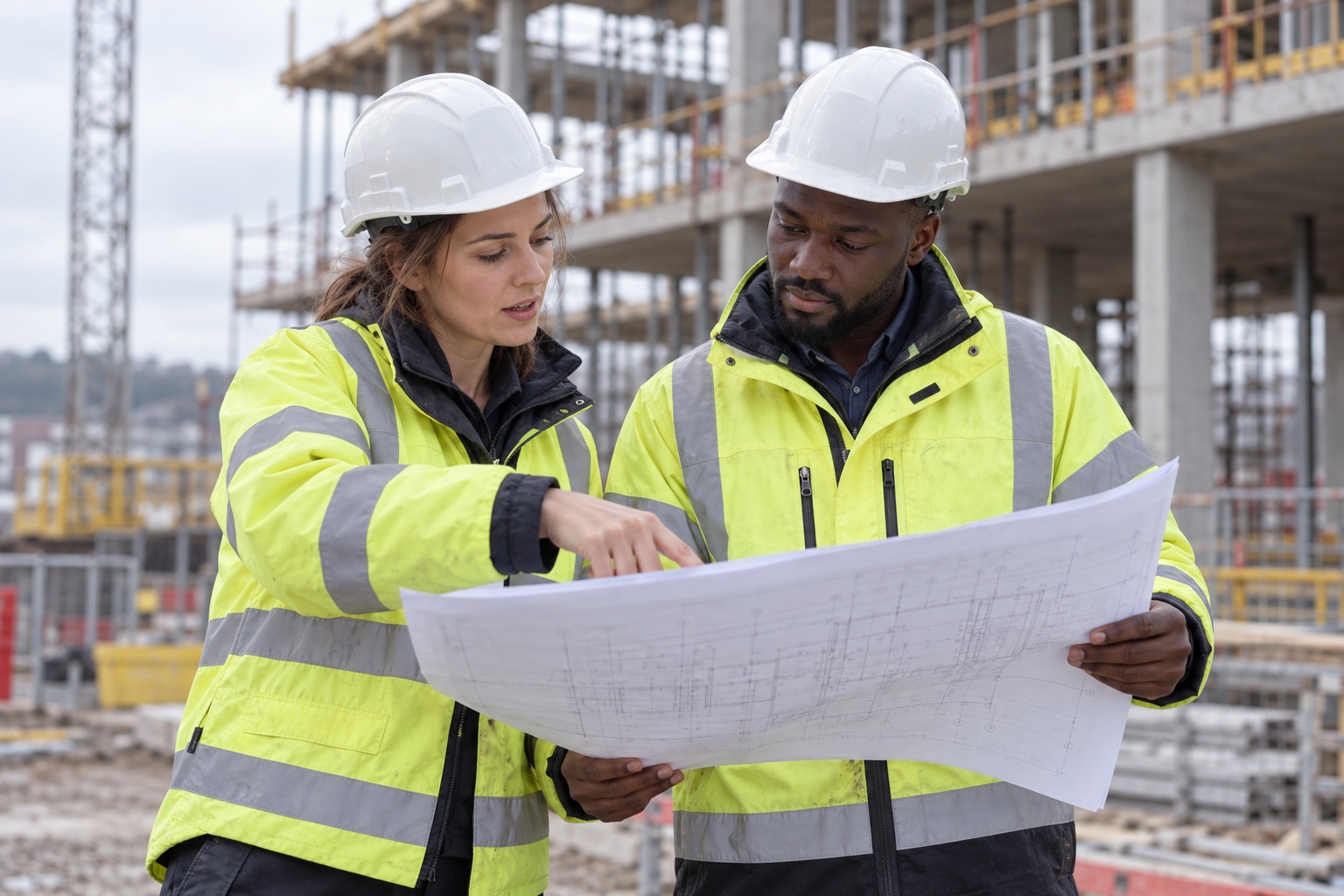 Illustrative scene of two construction professionals in hard hats and high-visibility jackets reviewing drawings on site.